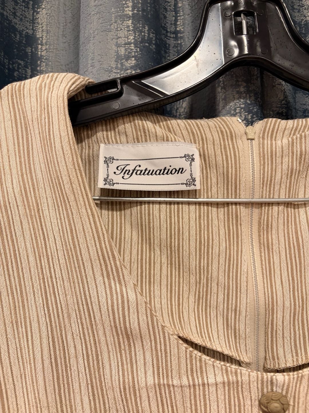 Vintage Infatuation Striped Midi Dress Beige Striped Front Buttons 3