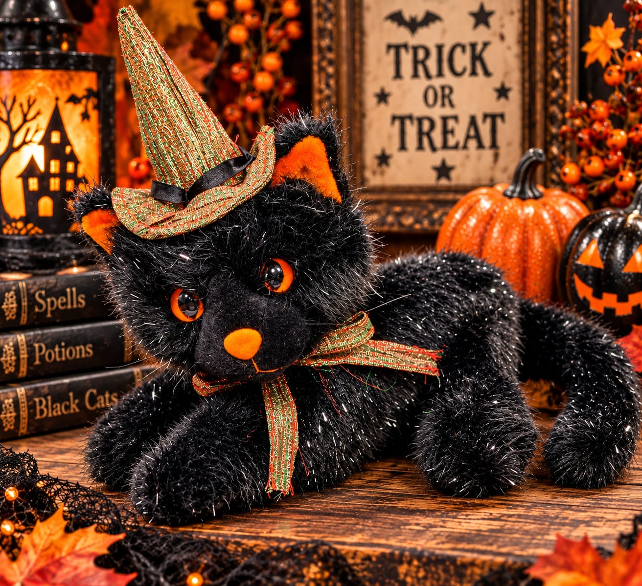 Kids of America Plush Black Cat Witch Hat Sparkle Halloween Plush 2001 Kitty Vtg 1