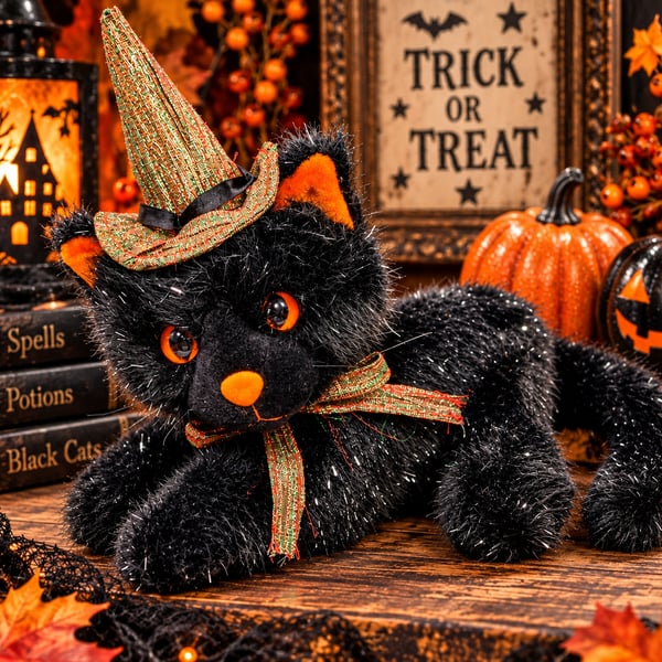 Kids of America Plush Black Cat Witch Hat Sparkle Halloween Plush 2001 Kitty Vtg