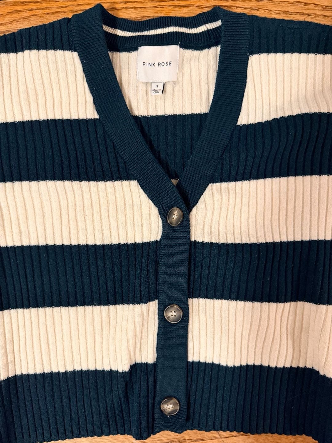 Pink Rose Striped Cardigan Size S Blue White Ribbed Knit 3