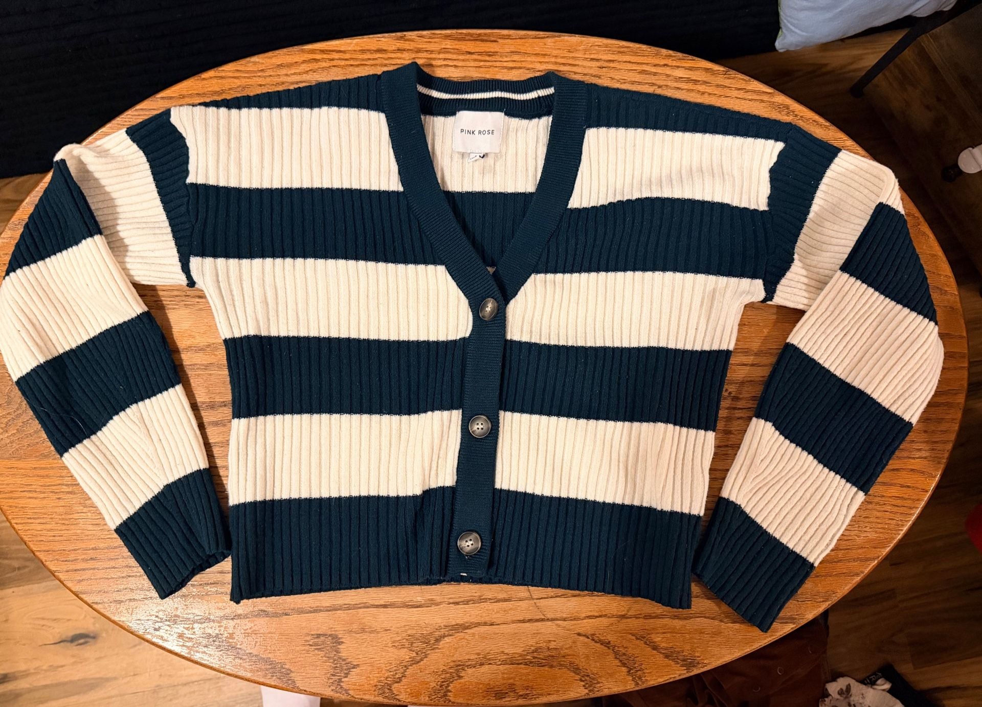 Pink Rose Striped Cardigan Size S Blue White Ribbed Knit 2