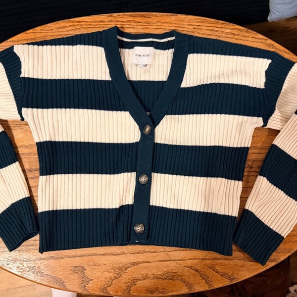 Pink Rose Striped Cardigan Size S Blue White Ribbed Knit