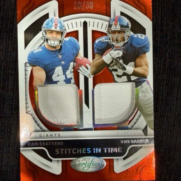 2025 Panini Certified Cam Skattebo Tiki Barber Stitches In Time Relic /30