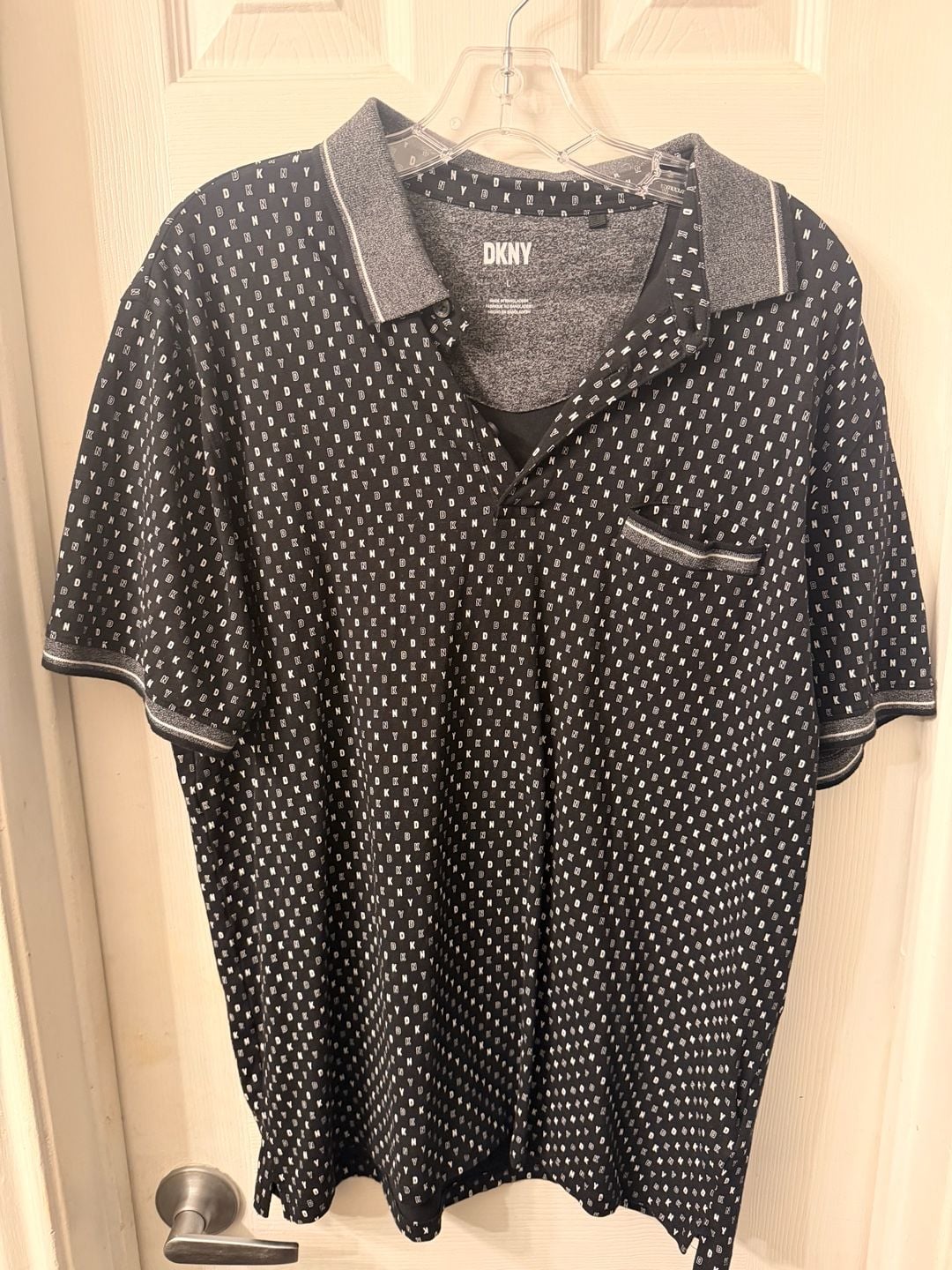 DKNY Polo Shirt Size L Black White Logo Print Pocket 2