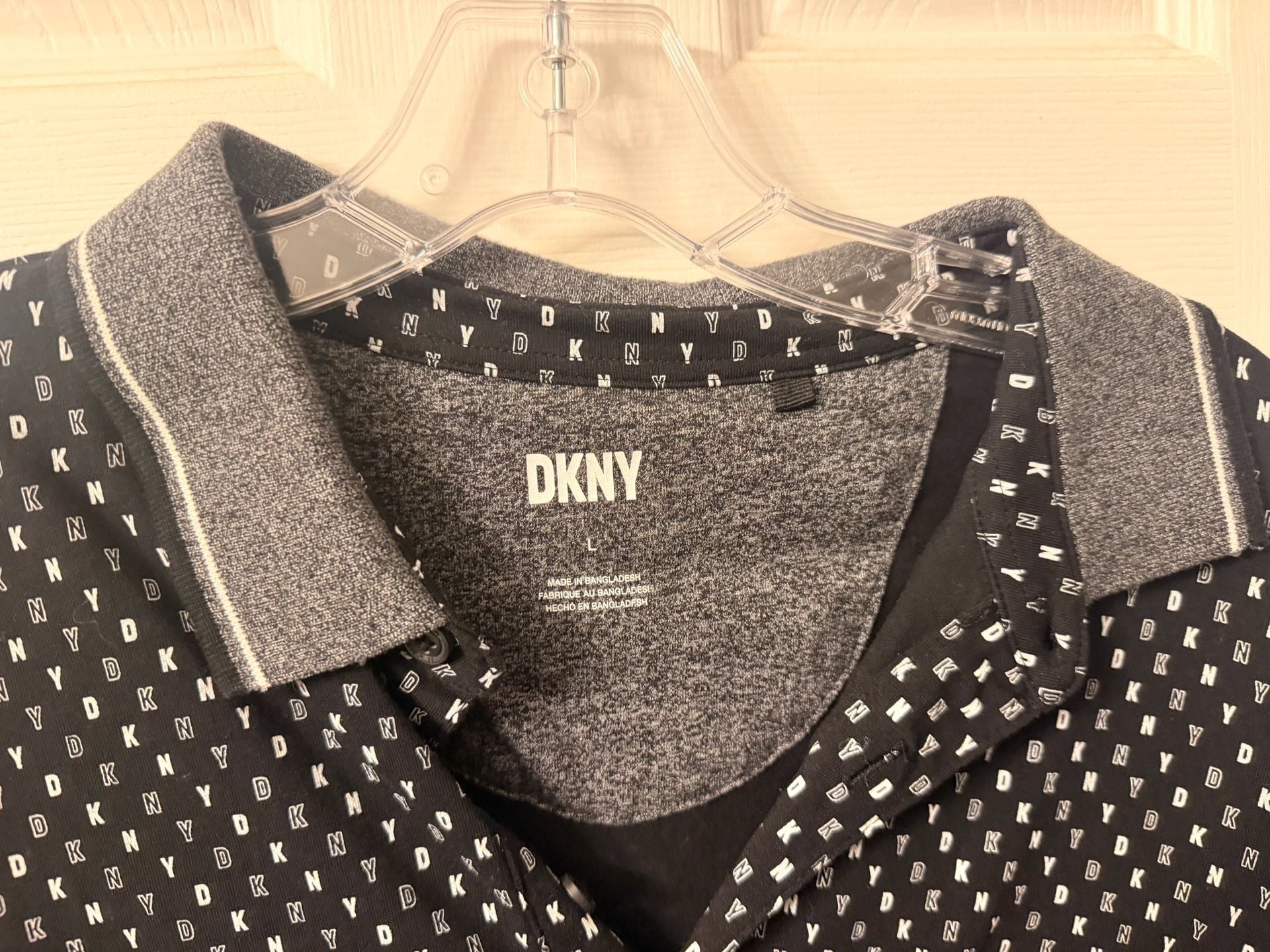 DKNY Polo Shirt Size L Black White Logo Print Pocket 7