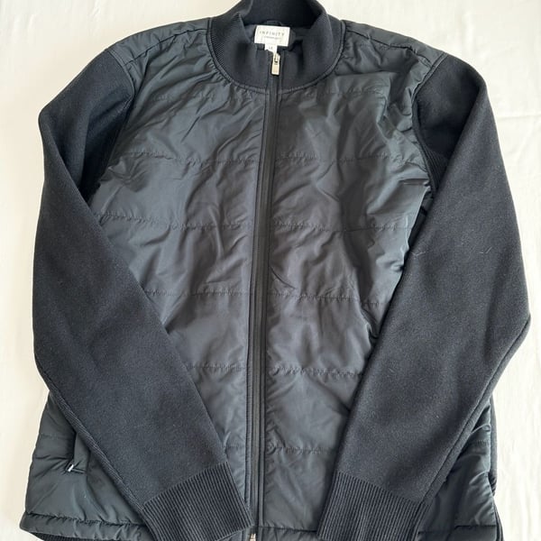 Black Varsity Bomber Jacket — Quilted Panel & Knit Sleeves L fallfashion