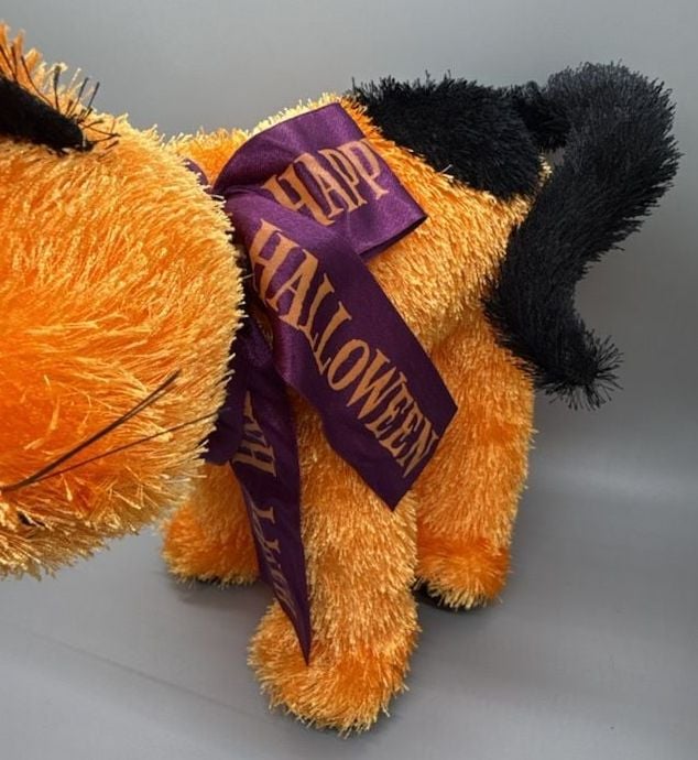 American Greetings Halloween Orange & Black Cat Plush Animal Kitty Decor Vtg 7