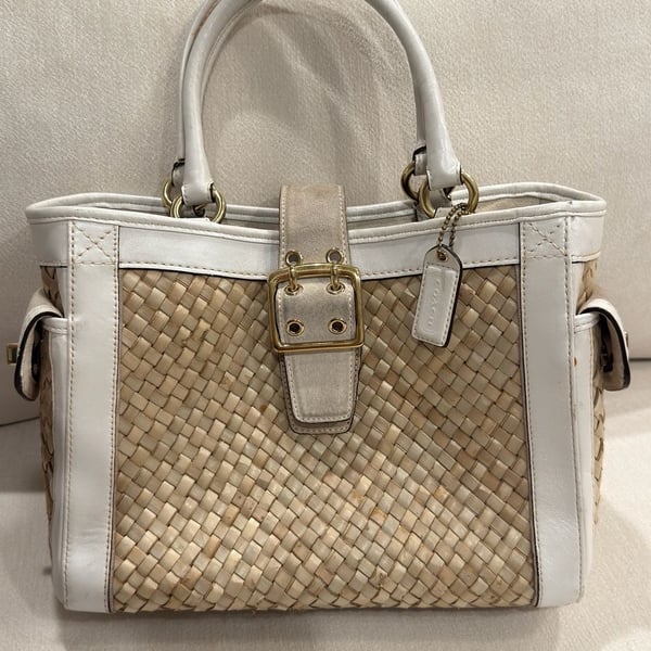Coach Hampton 4419 Basket Weave Straw Suede Leather Satchel Tan White