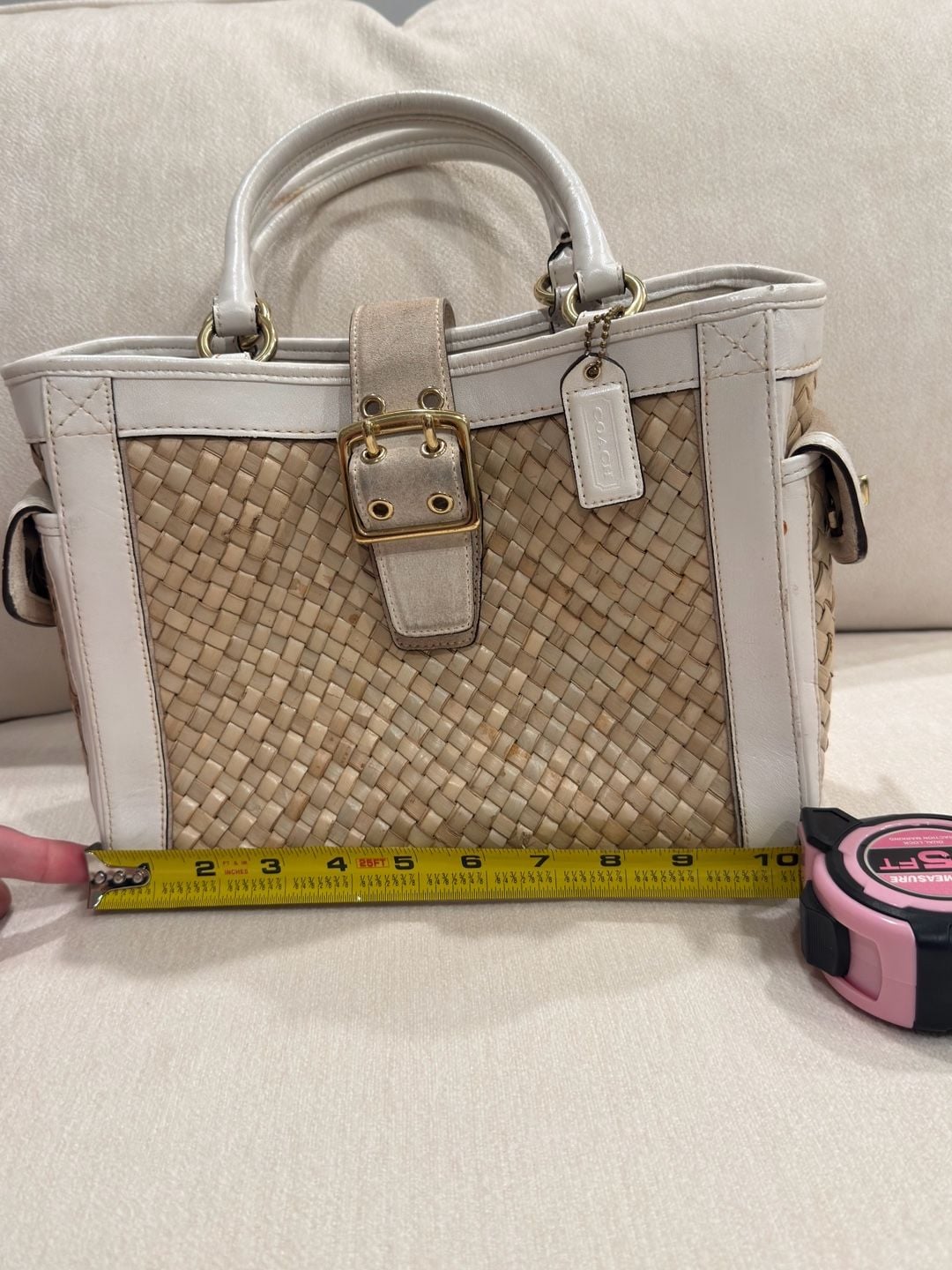 Coach Hampton 4419 Basket Weave Straw Suede Leather Satchel Tan White 8