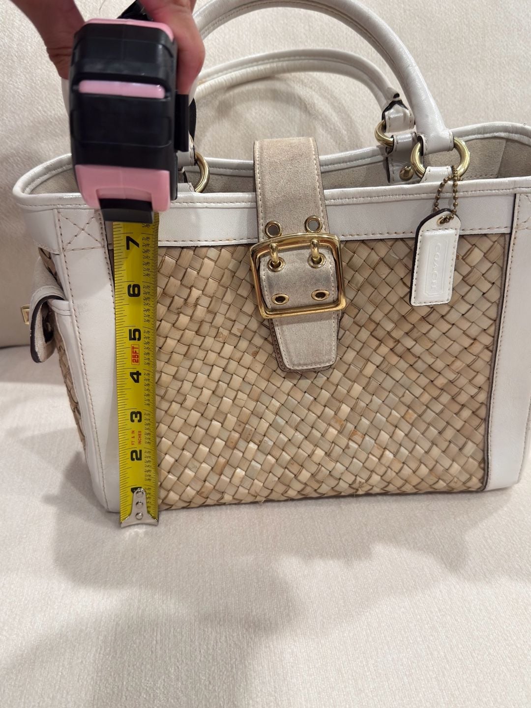 Coach Hampton 4419 Basket Weave Straw Suede Leather Satchel Tan White 9