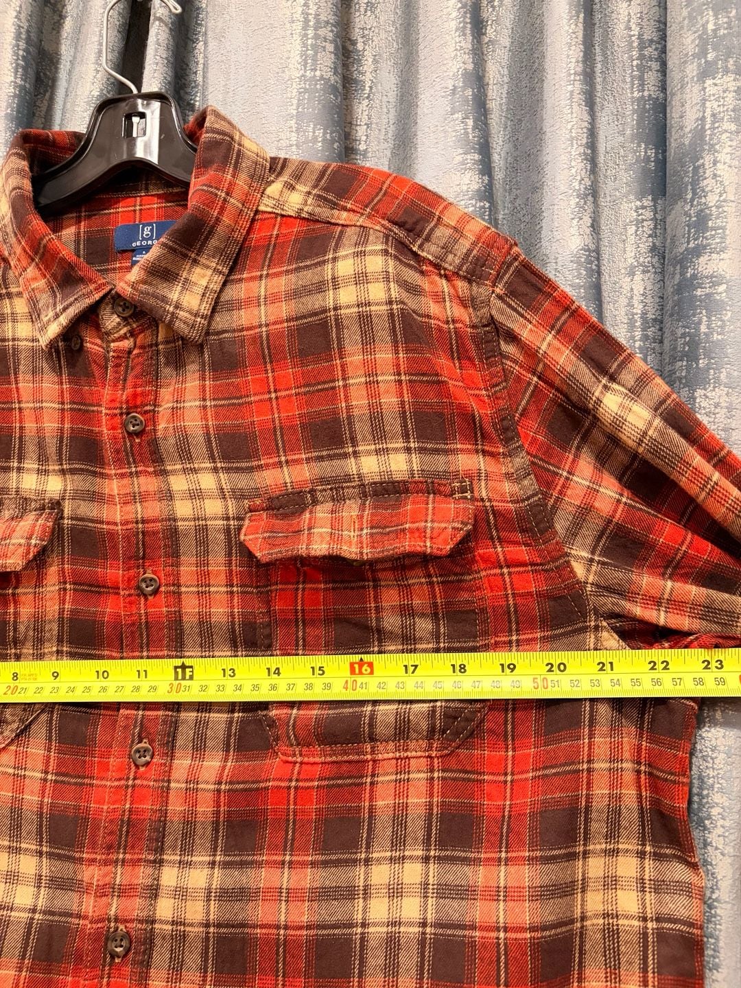 George Flannel Shirt Size L Red Plaid Long Sleeve Pocket Casual 5