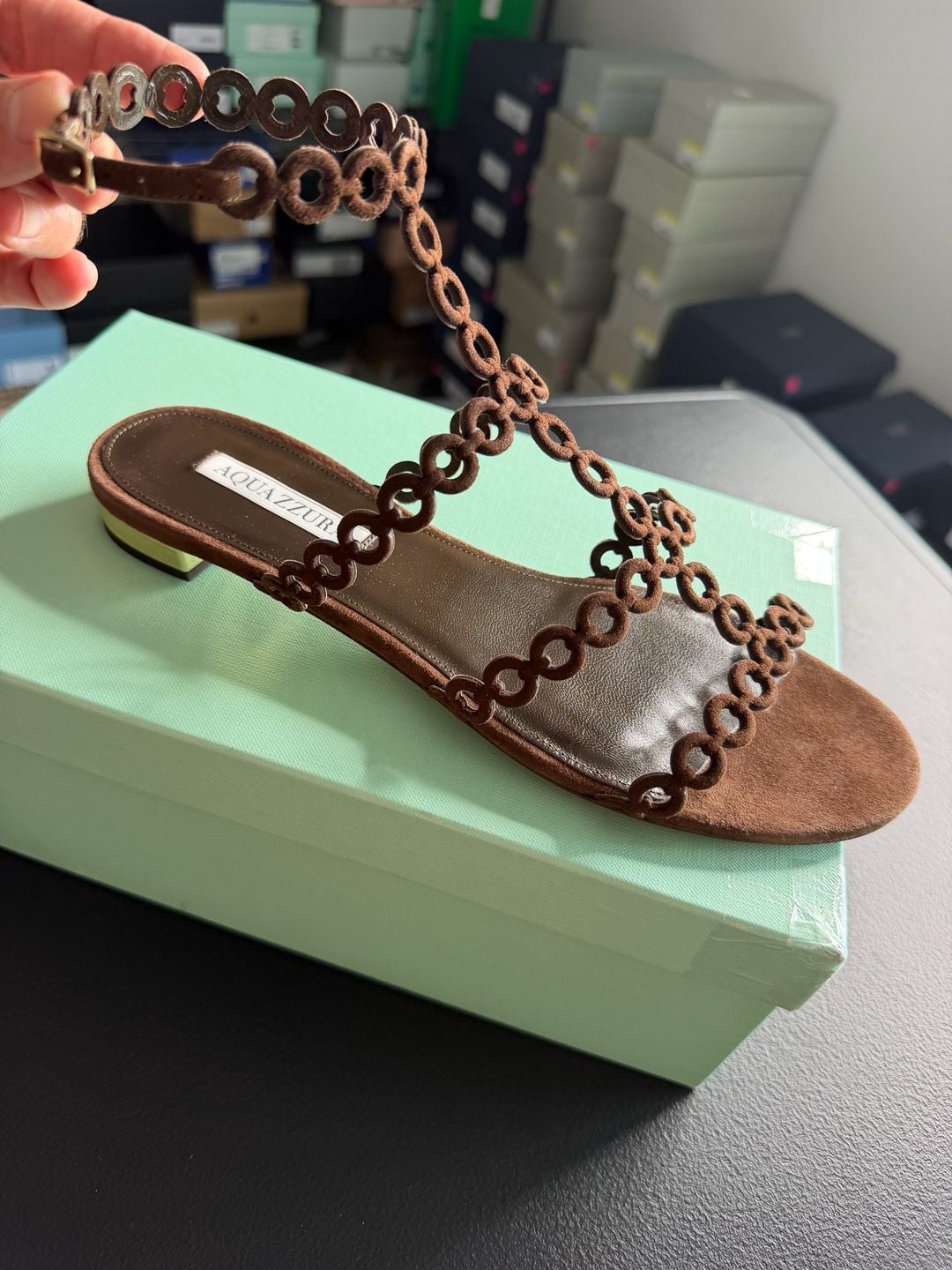 Aquazzura Infinity Chain Flat Espresso Suede Sandals Size 40 MSRP $895 – BNIB 5
