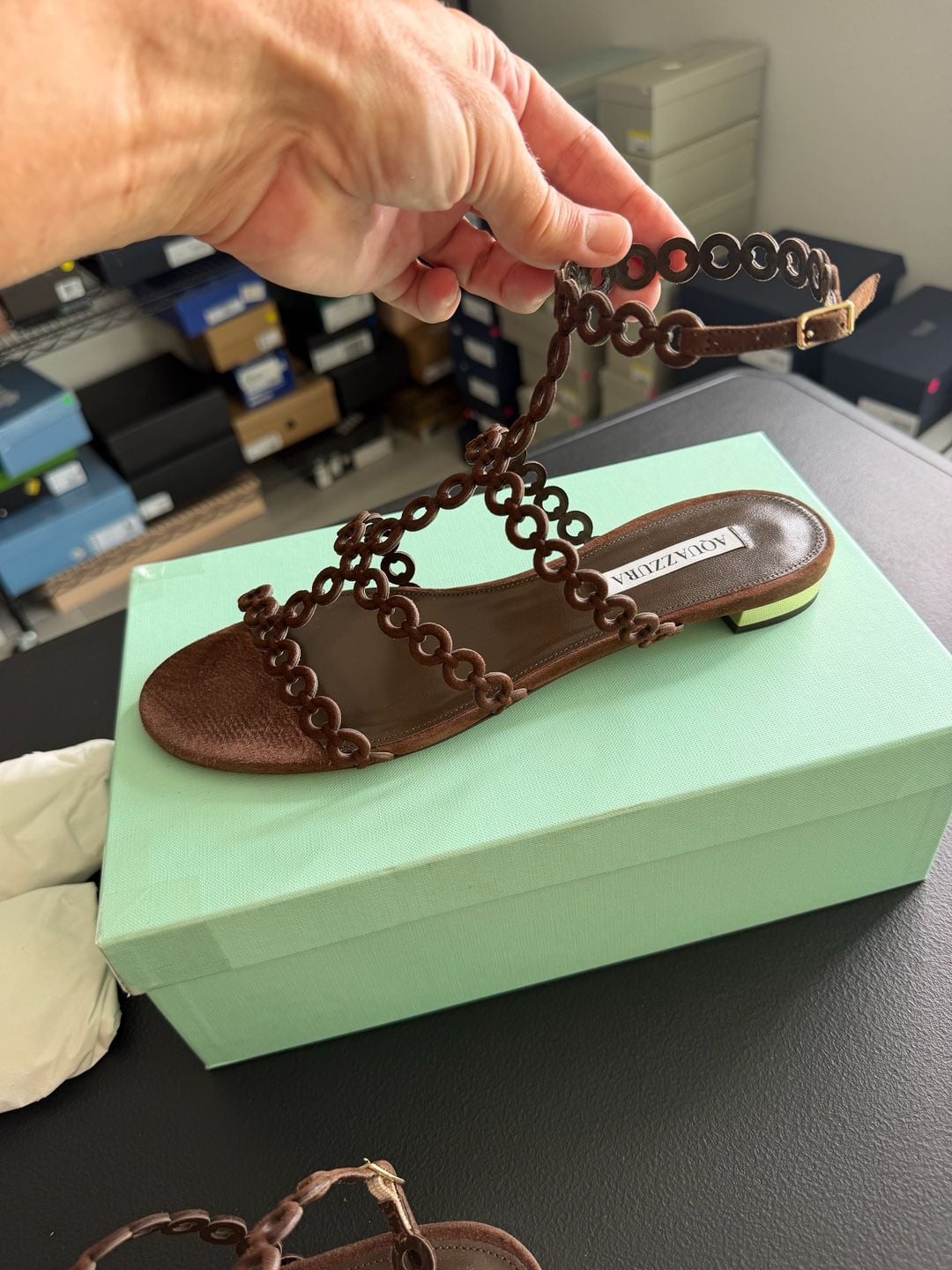 Aquazzura Infinity Chain Flat Espresso Suede Sandals Size 40 MSRP $895 – BNIB 6