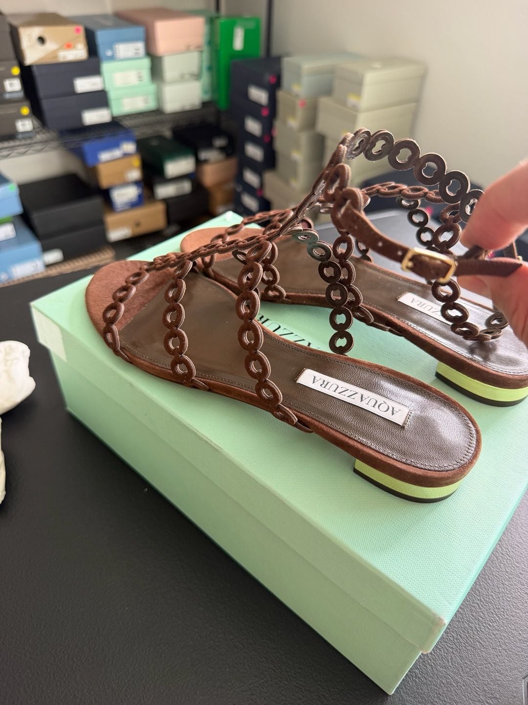 Aquazzura Infinity Chain Flat Espresso Suede Sandals Size 40 MSRP $895 – BNIB 7