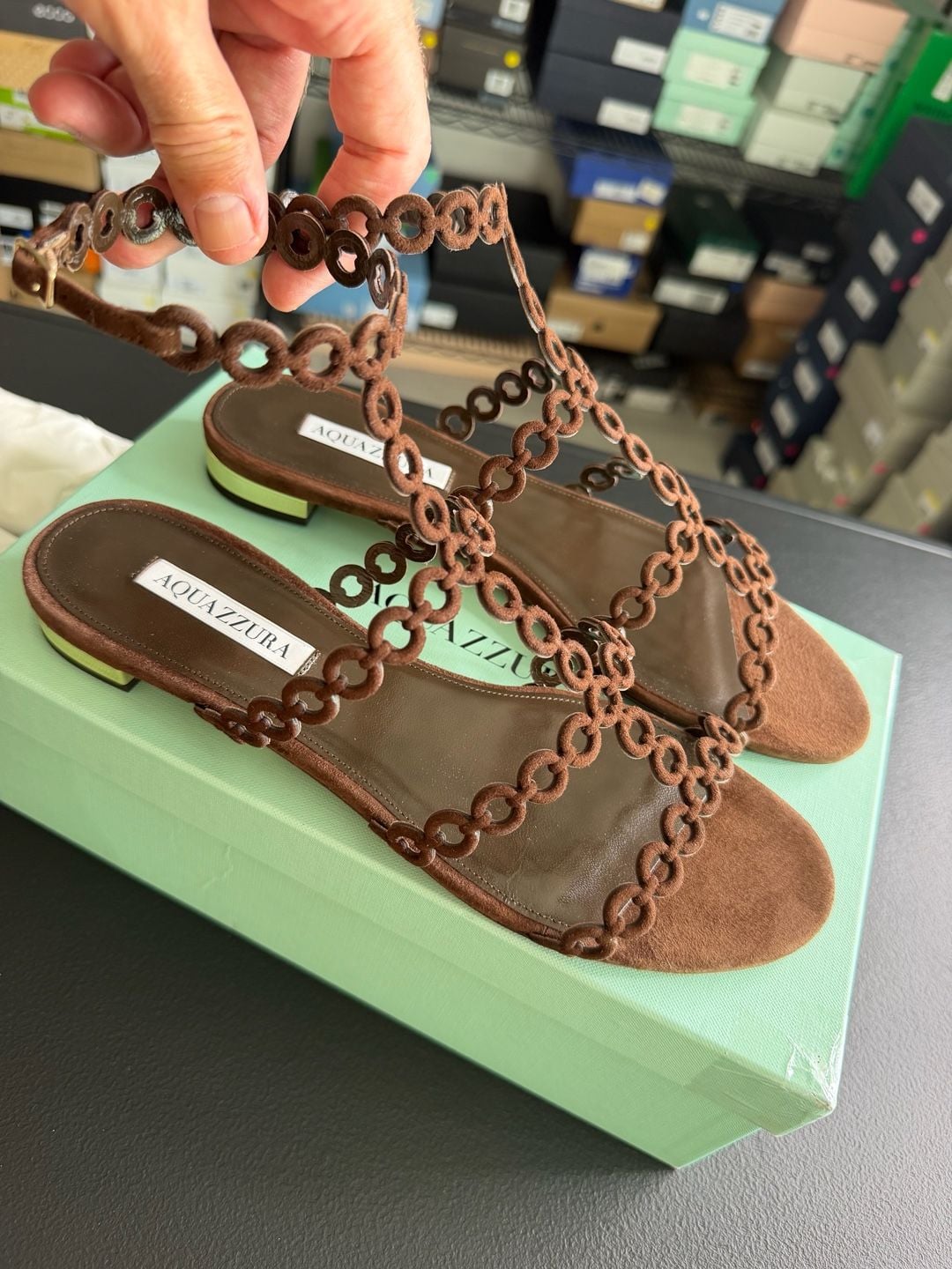 Aquazzura Infinity Chain Flat Espresso Suede Sandals Size 40 MSRP $895 – BNIB 8