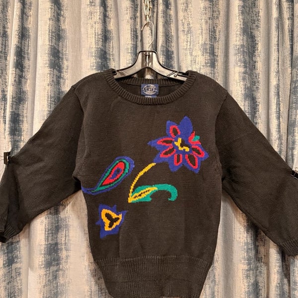 Jennifer Moore Floral Sweater Size M Black Colorful Vintage Knit