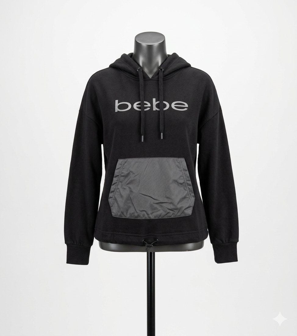 bebe sport Women's Black Pullover Hoodie with Mixed Media Pocket 2