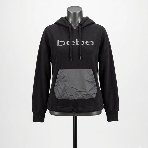 bebe sport Women's Black Pullover Hoodie with Mixed Media Pocket