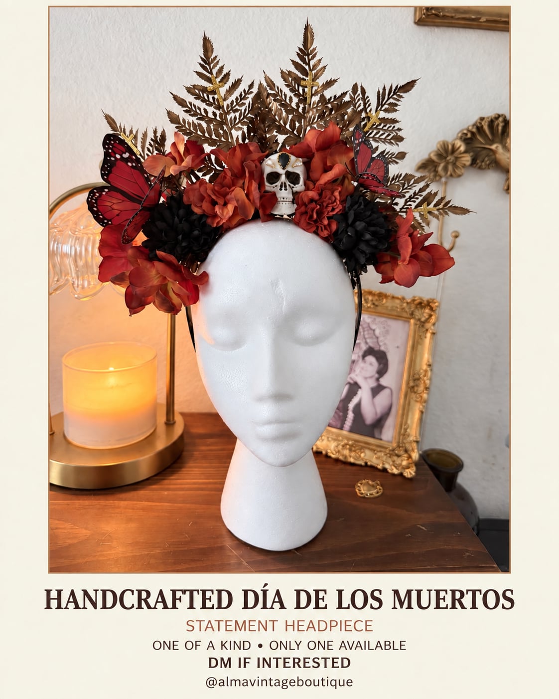 Alma Vintage Boutique Handcrafted Dia De Los Muertos Statement Headpiece 2