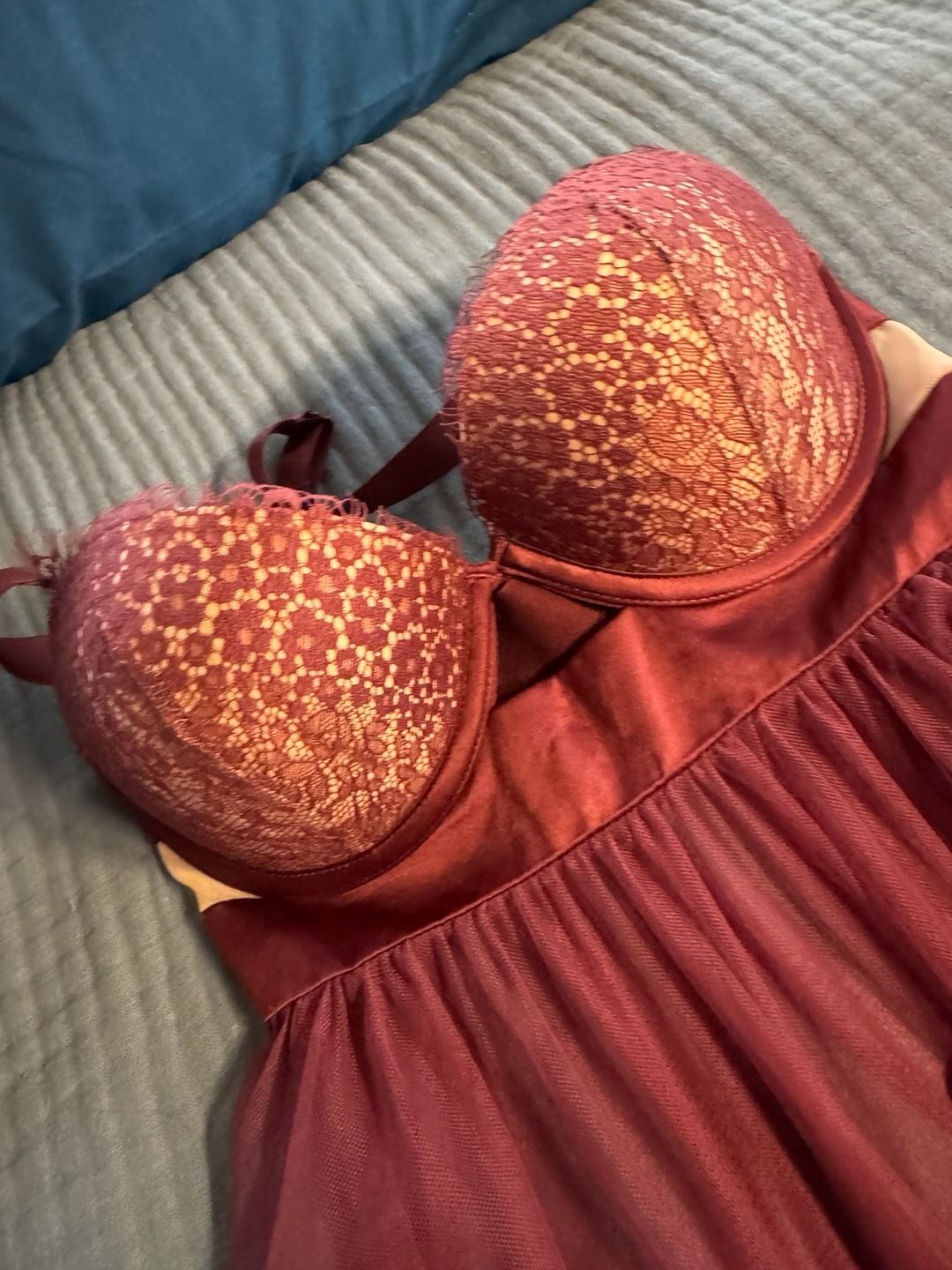 Victoria's Secret Babydoll Lingerie Size 34C Burgundy Lace Halter Dress 7