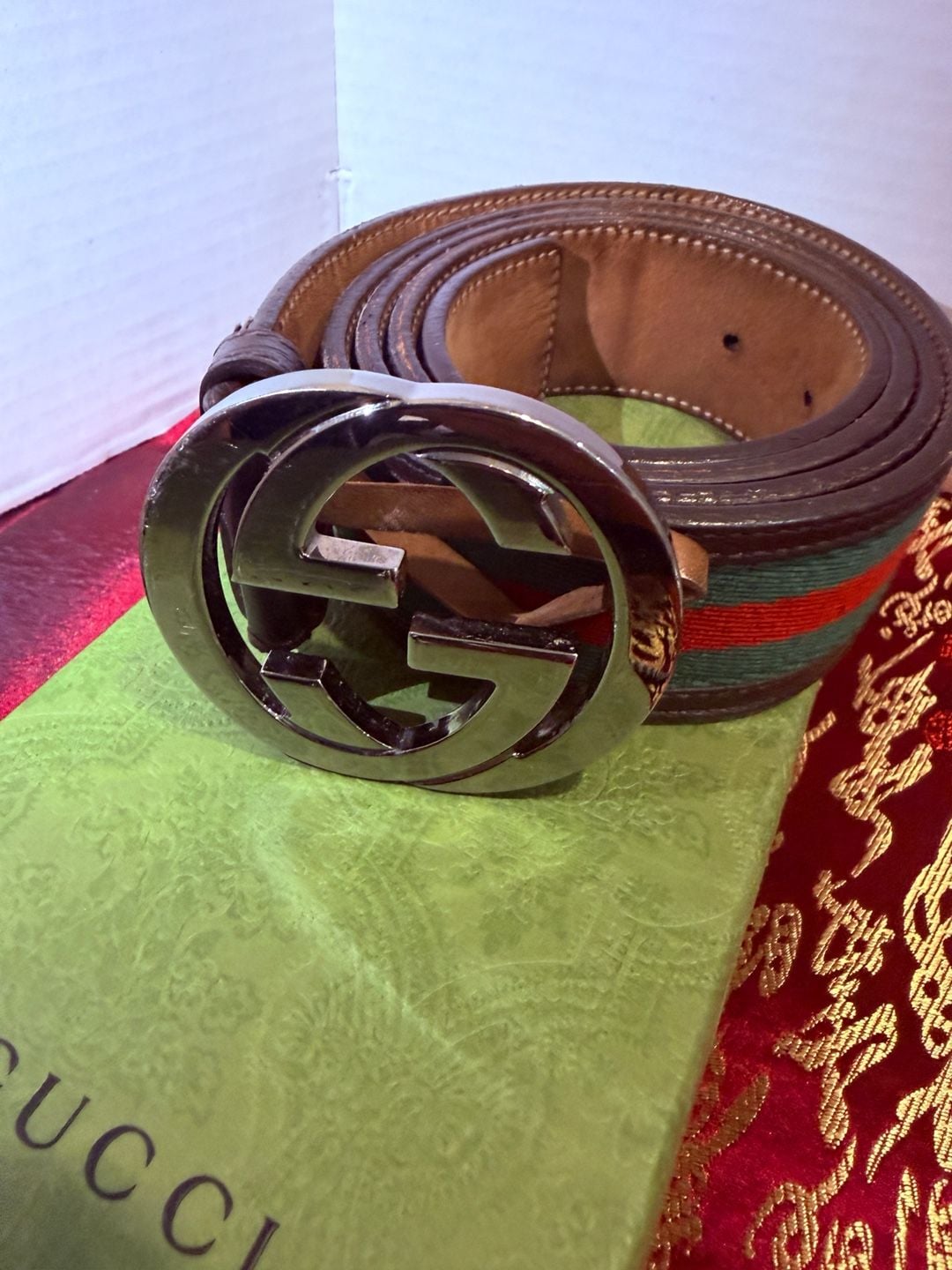 Gucci Interlocking G Web Stripe Belt Size 125 50 Brown Leather 1