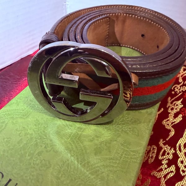 Gucci Interlocking G Web Stripe Belt Size 125 50 Brown Leather
