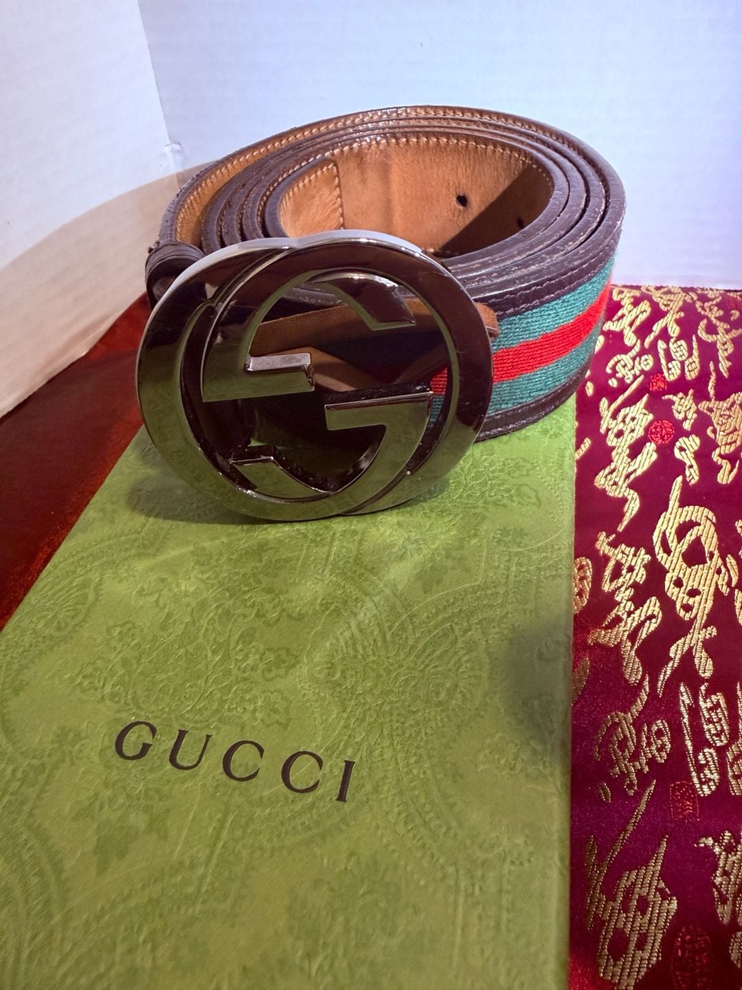 Gucci Interlocking G Web Stripe Belt Size 125 50 Brown Leather 2