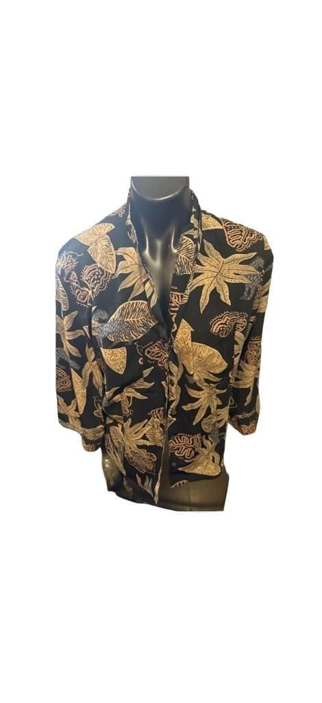 Kathie Lee Collection Button Up Shirt Black Beige Tropical Leaf Print 2
