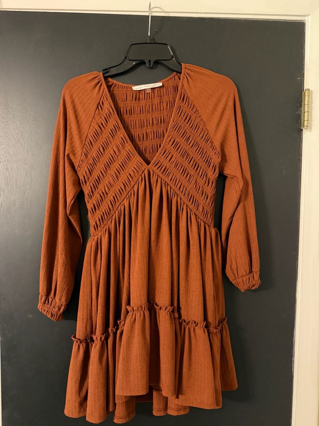 Altar'd State Dress Size XS Rust Orange Smocked Long Sleeve Ruffle Hem 2