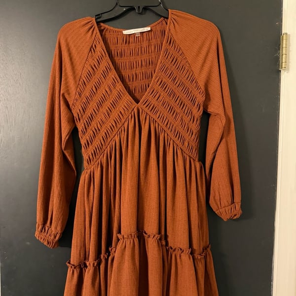 Altar'd State Dress Size XS Rust Orange Smocked Long Sleeve Ruffle Hem