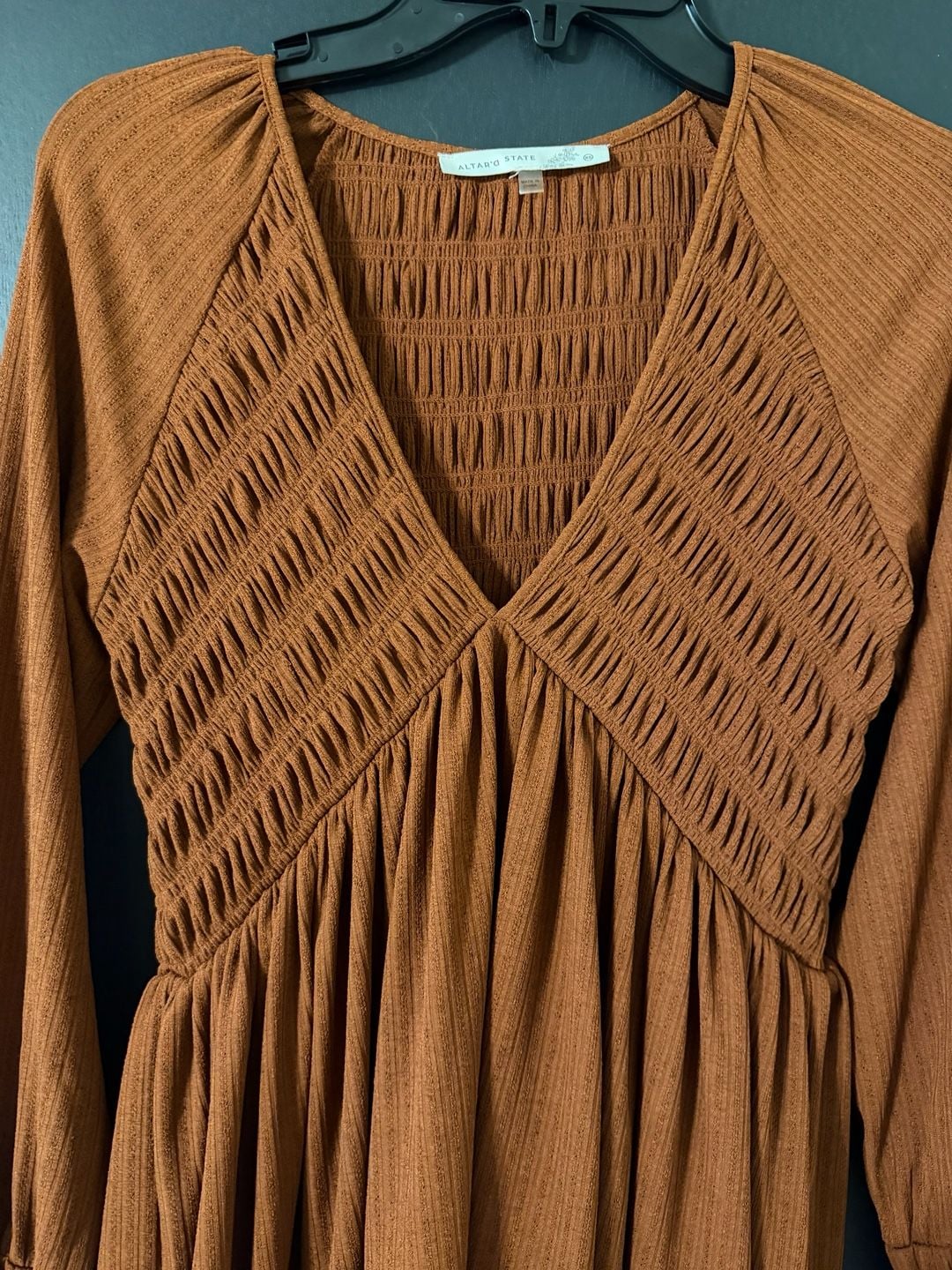 Altar'd State Dress Size XS Rust Orange Smocked Long Sleeve Ruffle Hem 3