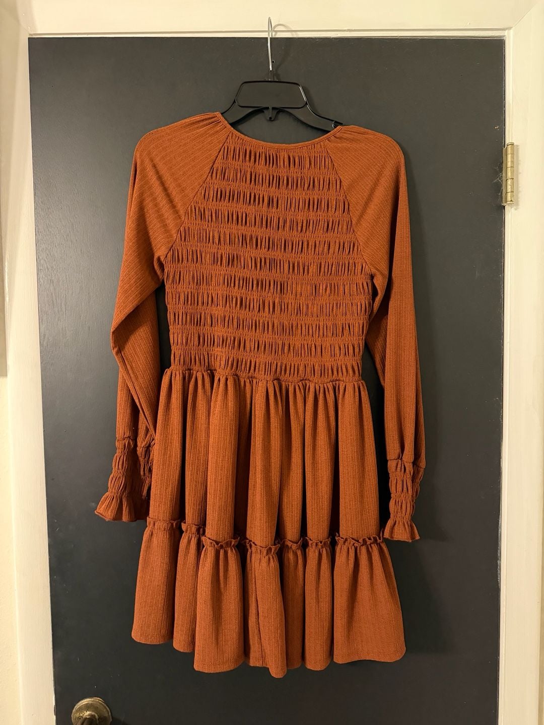 Altar'd State Dress Size XS Rust Orange Smocked Long Sleeve Ruffle Hem 5