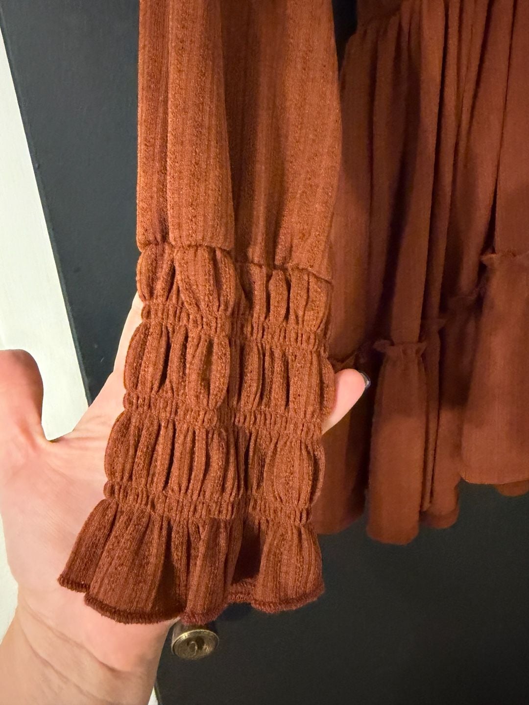 Altar'd State Dress Size XS Rust Orange Smocked Long Sleeve Ruffle Hem 6
