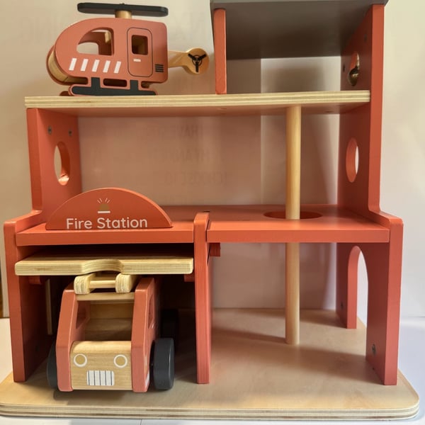 Hey! Play! Wooden Fire Station Playset with Truck and Helicopter