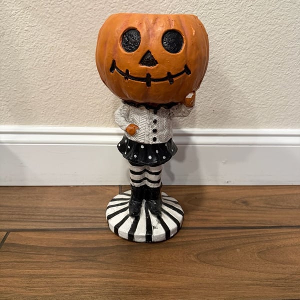 Vintage Style Pumpkin Head Girl Halloween Figurine Candle Holder 14” Folk Art