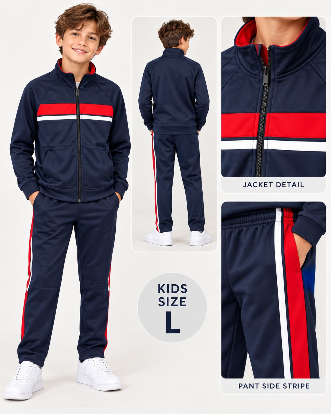 Athletic Works Boys Tricot Tracksuit Size L Navy Blue Red White 1