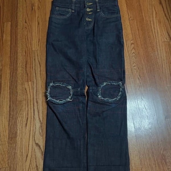 Nemeth Denim Jeans Dark Blue Button Fly Cut Out Knees