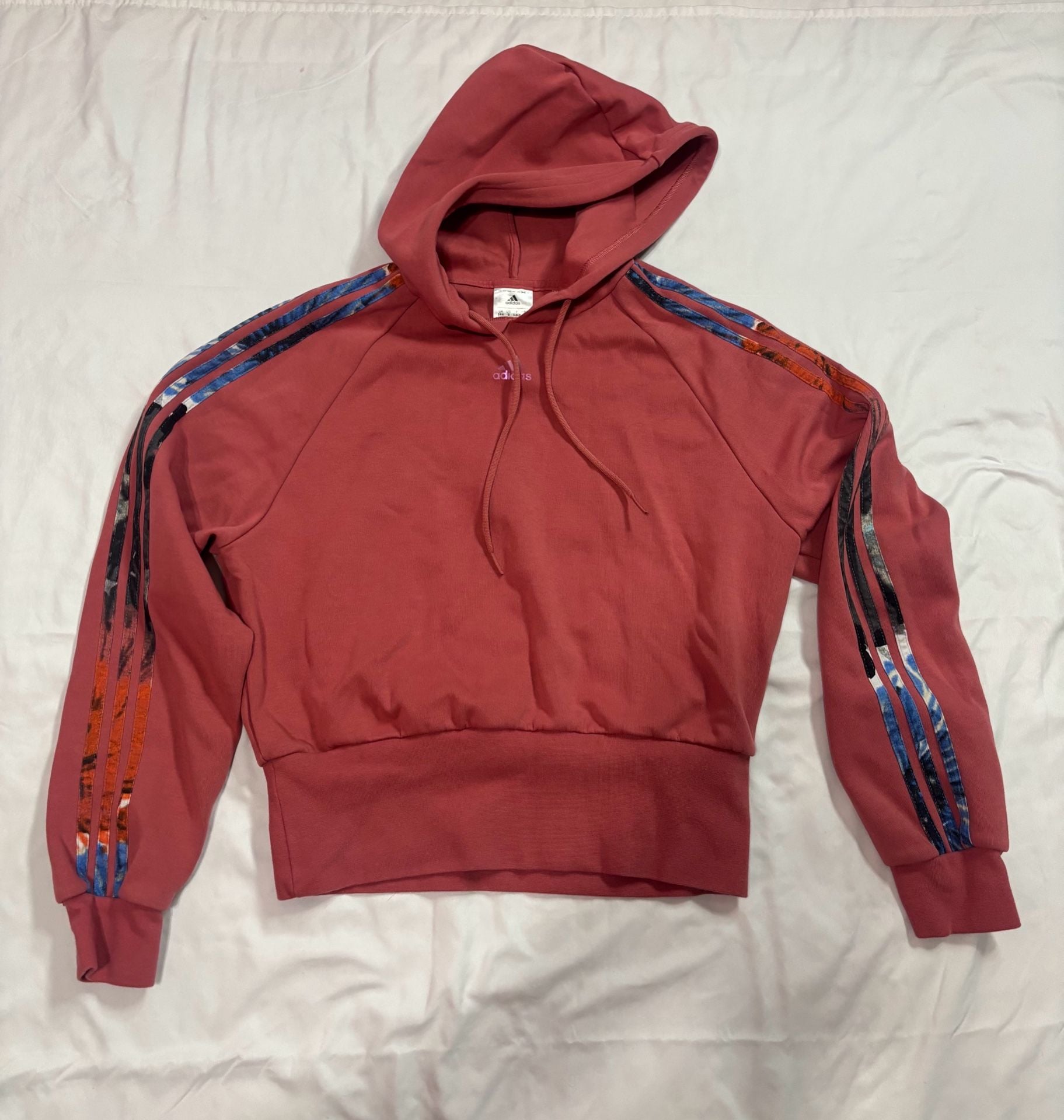 Adidas Cropped Hoodie Size S Pink Pullover 3-Stripes HP0793 2