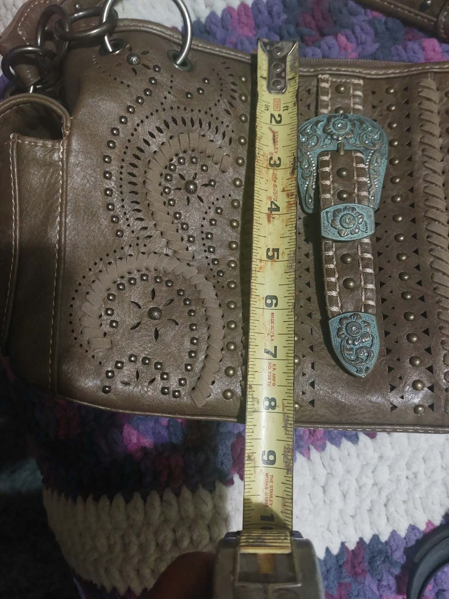 Montana West Western Handbag Purse Studded Tooled Leather Buckle Accent Gold 7