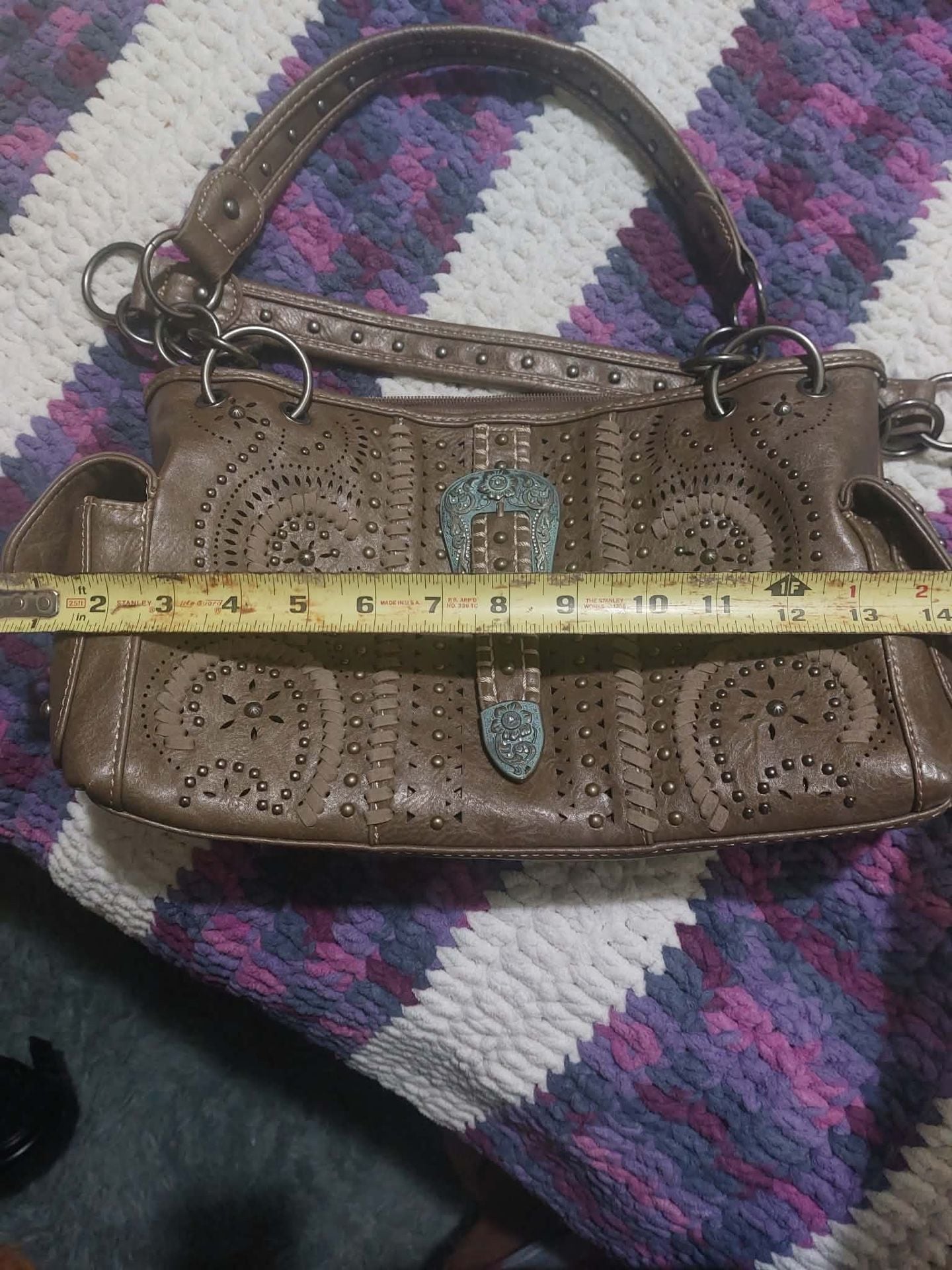 Montana West Western Handbag Purse Studded Tooled Leather Buckle Accent Gold 8