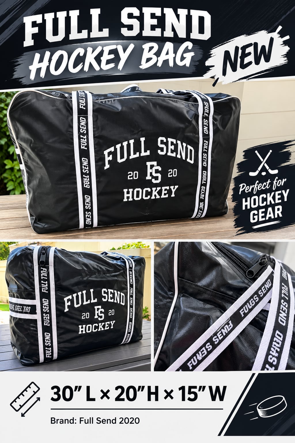 Full Send Hockey Bag 30 x 20 x 15 Black Duffel New 2