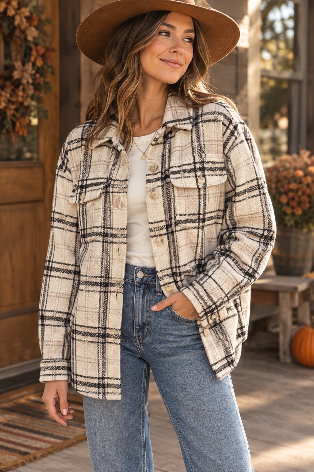 American Eagle Plaid Fleece Shacket Wms Oversized Small Off-White & Black Button Front 2