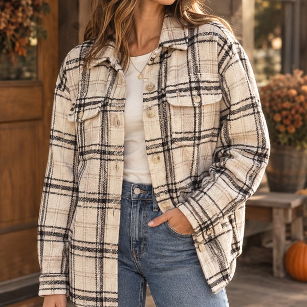 American Eagle Plaid Fleece Shacket Wms Oversized Small Off-White & Black Button Front 