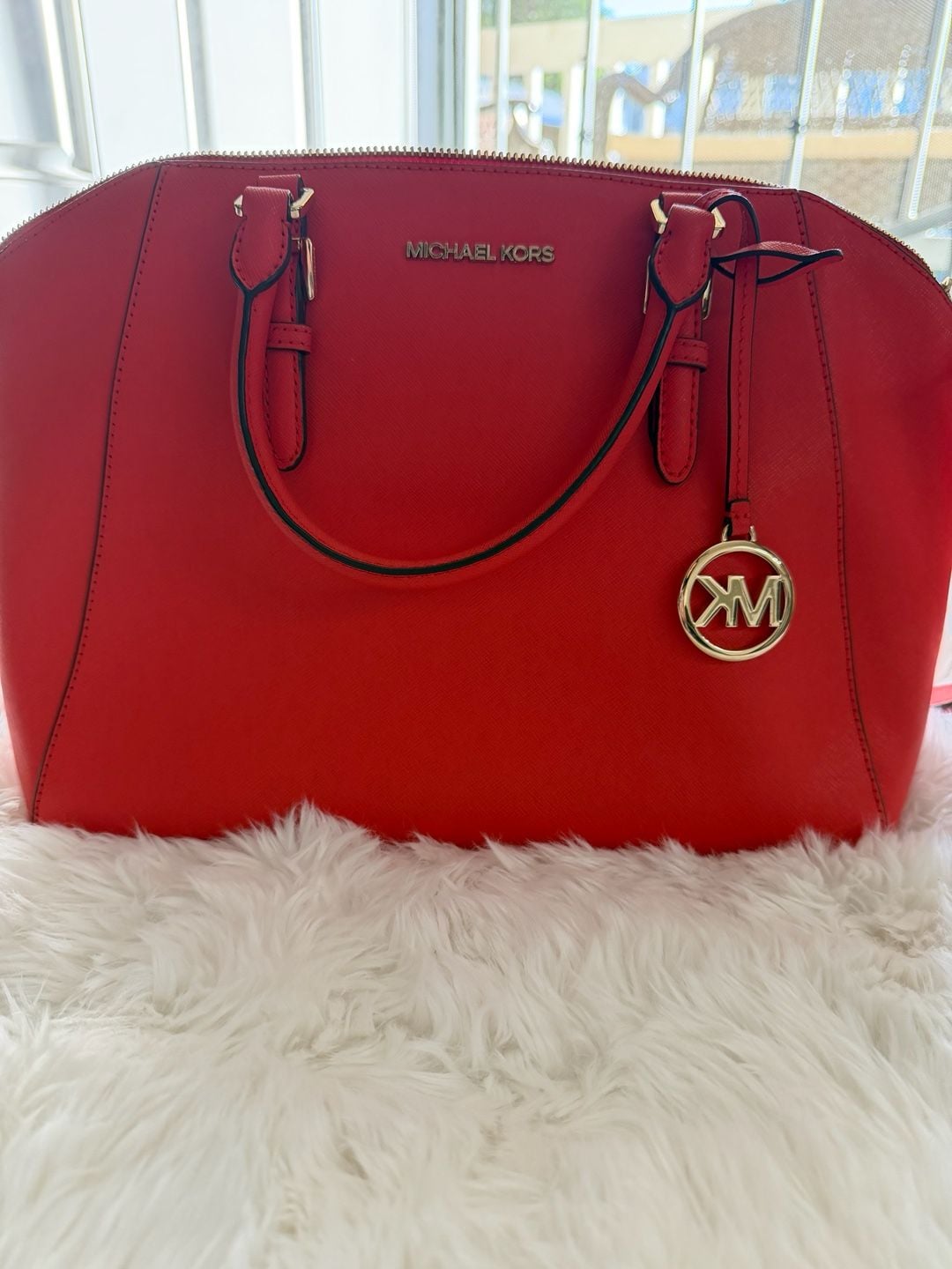 Michael Kors Ciara Large Satchel Red Saffiano Leather Crossbody Handbag 10