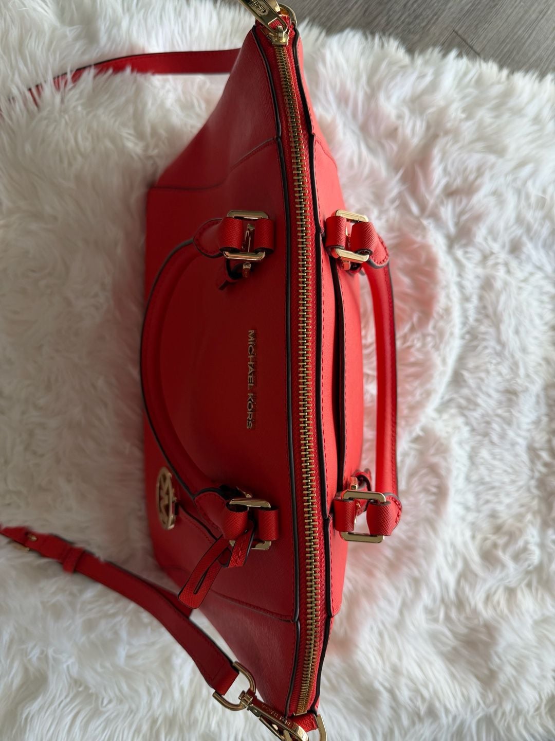Michael Kors Ciara Large Satchel Red Saffiano Leather Crossbody Handbag 11
