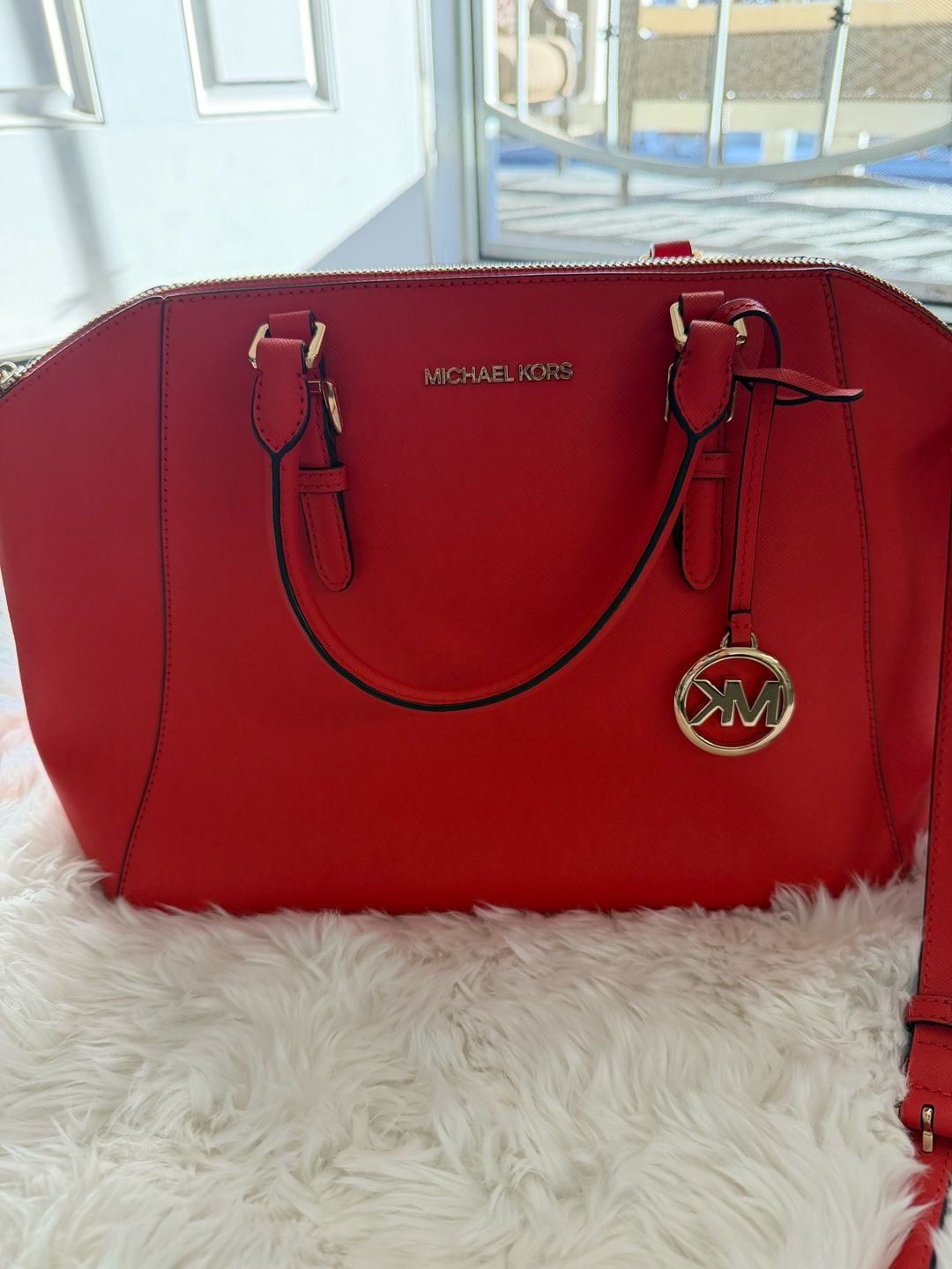 Michael Kors Ciara Large Satchel Red Saffiano Leather Crossbody Handbag 12