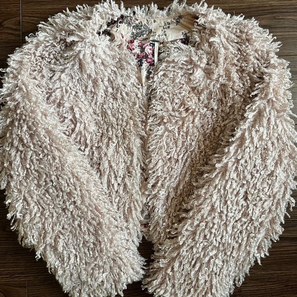 Free People Shaggy Jacket Size 8 Pink Faux Shearling Floral Lining