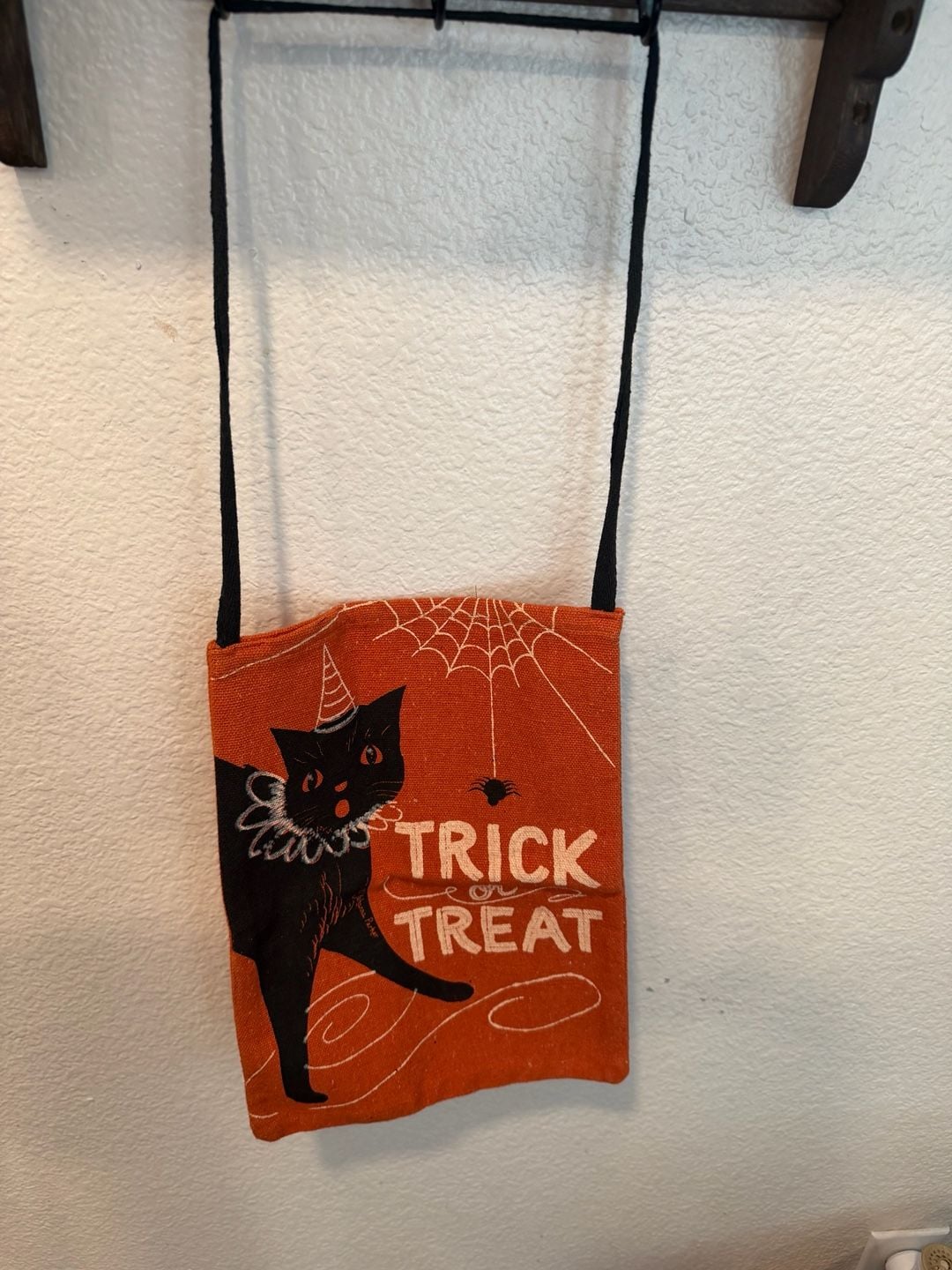 Halloween Trick or Treat Bag Black Cat Witch Orange Canvas Tote 13x10 2