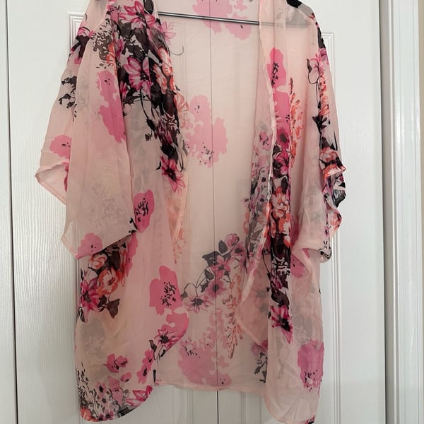 Unbranded Floral Kimono Cardigan Size XXL Pink Chiffon Beach Cover Up