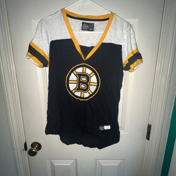Carl Banks NHL Boston Bruins V-Neck T-Shirt Size L Black White Yellow